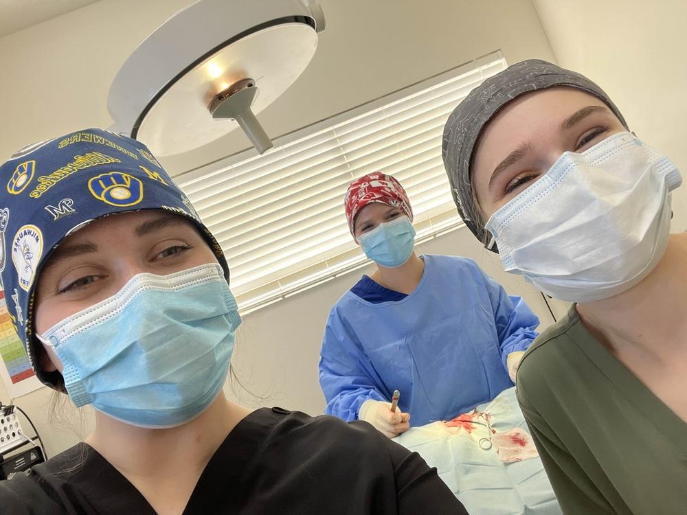 Austin and Ashley support Mikayla as she completes her first spay at the TNR clinic. 