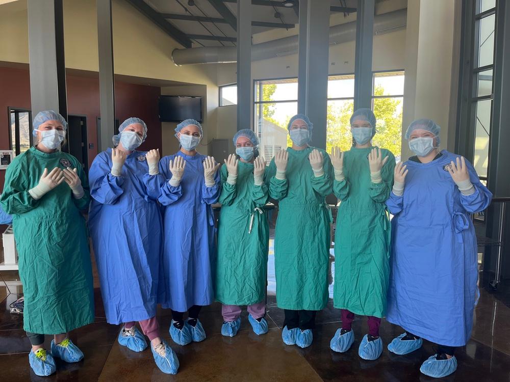 Sarah L., Megan, Shaylie, Ali, Grace, Sarah K., and Rebecca don gowns and gloves for the first time. 